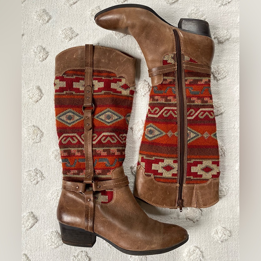 Sofft Porter Harness Boots Knee High Brown Leather Western Boho Size 9.5 Cowgirl